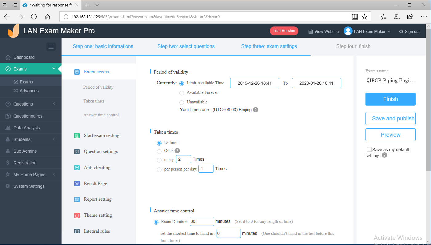 settings screenshot of a exam